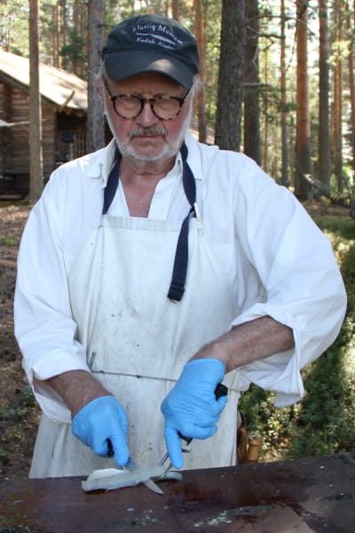 Jukka Pennanen rensar fisk  på sommarstugan vid Puruvesi.