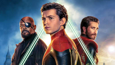 Planschen till Spider-Man filmen med Nick Fury (Samuel L Jackson), Spider-Man (Tom Holland) och Mysterio (Jake Gyllenhaal).