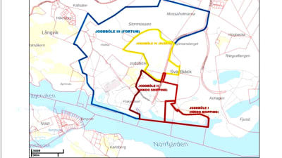 En karta som visar olika planeringsområden i hamnområdet Joddböle i Ingå.