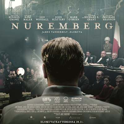 Elokuvajuliste, joka esittelee Nuremberg-nimistä elokuvaa. Kuva on oikeudenkäynnistä.
