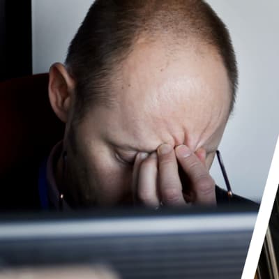 Kuvapari, jossa toisessa mies pitelee otsaansa tietokoneen äärellä istuessaan ja toisessa on lähikuva Facebookin etusivun näkymästä puhelimella.