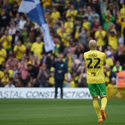 Teemu Pukki kollar mot Finlands flagga i publiken.