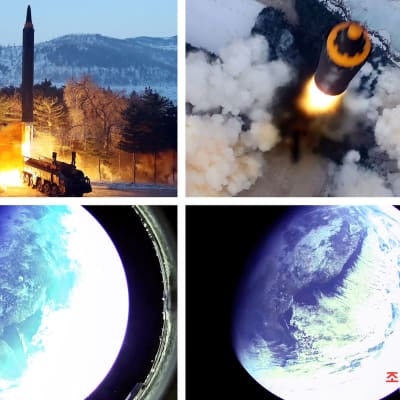 De här bilderna publicerades av Nordkoreas statliga nyhetsbyrå KCNA och bilderna på jordklotet sägs vara tagna från medeldistansmissilen av typen Hwasong-12.