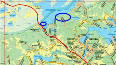 En karta som visar var vid Lojo sjö i Svartå Raseborgs stad planerar fritidstomter.