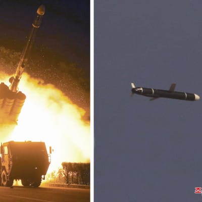 De här bilderna på avfyrandet av en kryssningsmissil publicerades av den statliga nordkoreanska nyhetsbyrån KCNA på måndag morgon. 