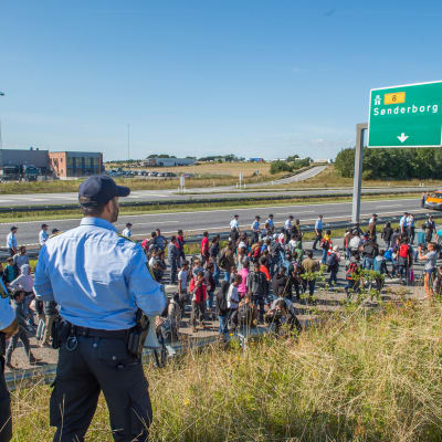 Flyktingar som försöker ta sig från Danmark vidare till Sverige.