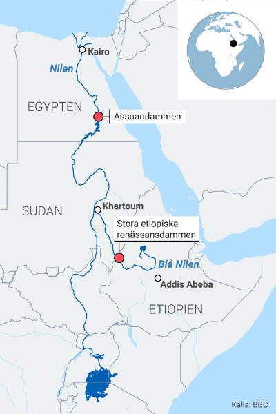 Karta över Nilen och dammbygget i Etiopien.