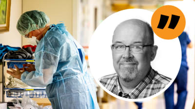 En vårdare i skyddsutrustning på ett sjukhus och en bild på redaktör Marcus Rosenlund.