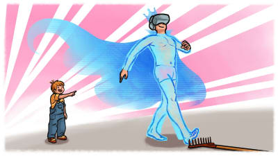 Mies VR-lasit päässä hologrammiviitta liehuen astuu haravan päälle.