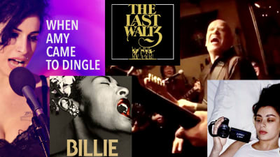Koostekuva musiikkidokumenttien kuvista, mukana Amy Winehouse, Billie Holiday, Wilko Johnson. Charli XCX.