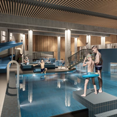 Havainnekuva Holiday Club Vierumäen yhteyteen rakennettavasta vuosina 2023 -2024 kylpylästä.