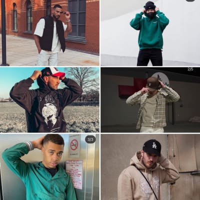 Instagramissa julkaistuja kuvia nuorista miehistä, jotka poseeraavat korjaamalla päähinetta tai hiuksia