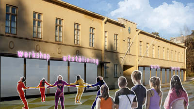 Så här kunde Manegen i Pargas se ut i framtiden enligt en skiss av arkitektstuderandena Altti Moisala och Ville Lahtinen.