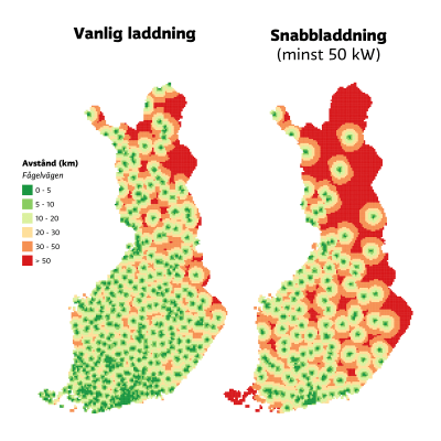 Kartor över avstånd till laddstationer i Finland, vanlig laddning och minst 50 kwH