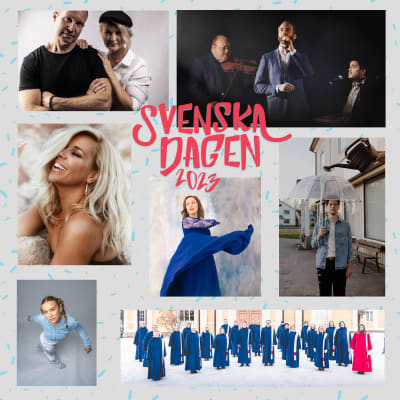 Ett kollage av alla de artister som medverkar på Svenska dagen-festen, Krista Siegfrids, Månskensbonden, Makar – bestående av Tomas och Maria Höglund, Wilhelmina, Erik-­André Hvidsten, Kalle Moraeus & Thomas Enroth, Kajsa Dahlbäck och kören Jacob Gospel.