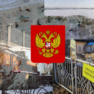 Fotokollage av olika ryskägda tomter med den ryska federationens vapensköld inklistrad.