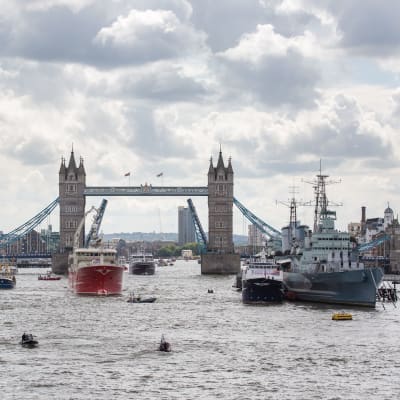 Små och väldigt stora fiskebåtar på Themsen i centrala London 2016, med Tower Bridge i bakgrunden.