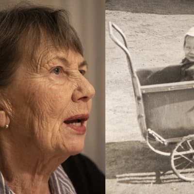 Lähikuva 80.vuotta täyttävästä naisesta. Vieressä lapsuuskuva, jossa vauva istuu myssy päässä lastenvaunussa 1940-luvulla.