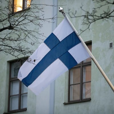 Suomen lippu liehuu vihreän kerrostalon edessä