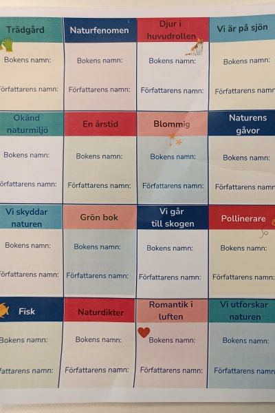 Bingokort för Vasa biblioteks läsutmaning om naturen 2023