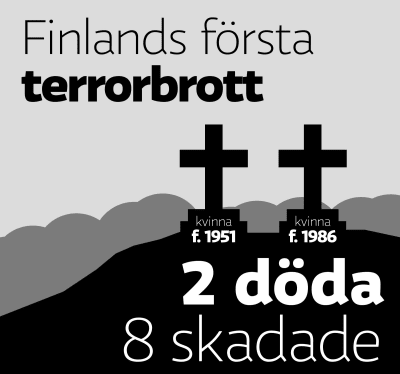 Finlands första terrorbrott. 2 döda, en kvinna född 1951 och en kvinna född 1986. 8 skadade.