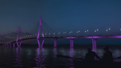 En vision av hur Replotbron kunde se ut om den skulle belysas upp och ha lila pelare och pyloner. I förgrunden på den dataskapade visualiseringen sitter två personer i en roddbåt.