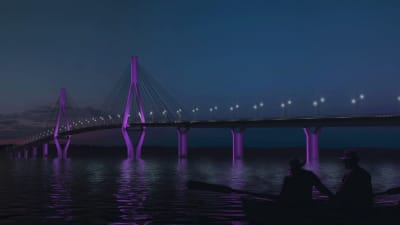 En vision av hur Replotbron kunde se ut om den skulle belysas upp och ha blå och gröna pyloner. I förgrunden på den dataskapade visualiseringen sitter två personer i en roddbåt.