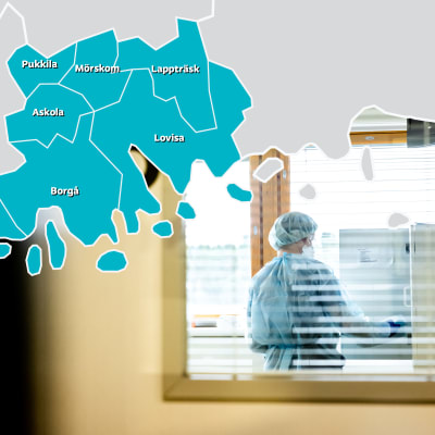 En vårdare syns genom ett fönster, på bilden finns en karta över Östra Nylands välfärdsområde