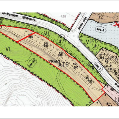 En detaljplanekarta som visar ett område i Billnäs och vad man får bygga där.