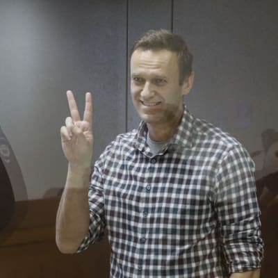 Aleksei Navalnyi näyttää voitonmerkkiä lasiseinän takana
