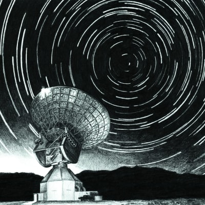 Ett radioteleskop och stjärnor.