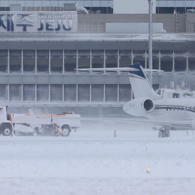Nästan nittiotusen mänskor sitter fast på semesterön Jeju i södra Sydkorea på grun av snön