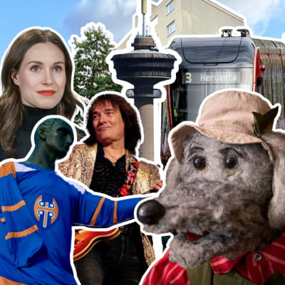 Kuvakollaasi, jossa erilaisia tamperelaisia hahmoja, kuten Sanna Marin, Costello Hautamäki ja Ransu.