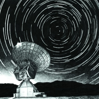 Ett radioteleskop och stjärnor.