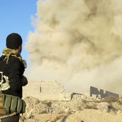 En medlem av regeringstrogna styrkor ser ut över Hoz-stadsdelen i Ramadi i Irak under regeringens offensiv mot IS