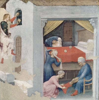 S:t Nikolaus på målning föreställande ett av hans mest berömda gärningar, då han skänkte pengar åt en utblottad pappa för dennes döttrars hemgift.