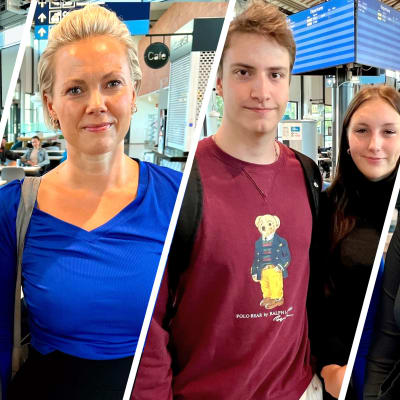 Kuvakollaasi, jossa neljä kuvaa ihmisistä hymyilemässä kameralle Tampere-Pirkkalan lentoasemalla.