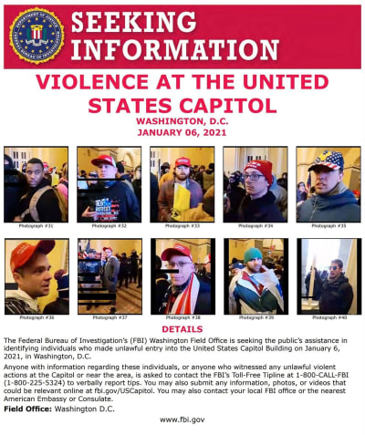 FBI publicerade 8.1.2021 ett plakat med efterlysning av personer som kopplas till stormningen av Capitolium 6.1.2021