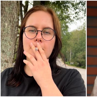 Emilia Järvelä pitelee suussaan tupakkaan. Vieressä sivuprofiilikuva Akseli Lehtisestä, joka myös polttaa tupakkaa.