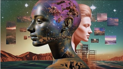 Futuristinen kuva androidimainen henkilö katsoo vasemmalle ja taaempana ihmismäinen hlö katsoo oikealle. Kuva tehty tekoälyllä.