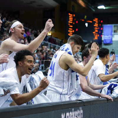 Finlands basketherrar jublar efter seger över Slovenien.