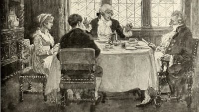Mustavalkoinen piirros kolmesta miehestä ja yhdestä naisesta jotka keskustelevat pöydän ääressä.