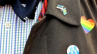 Den i Estland bosatta svenska moderatpolitikern Anders Hedmans rock med ett Estland-Sverige-pin, ett hjärta i regnbågsfärger och Moderaternas logo.