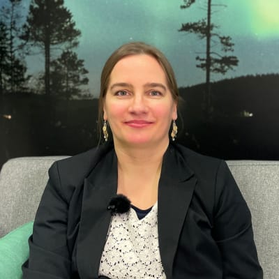 Pohjoisen politiikan ja hallinnon professori Laura Junka-Aikio istuu sohvalla.