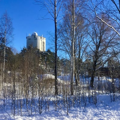 Ett vattentorn syns långt borta uppe på en backe. Vinterlandskap, solsken. Buskage och byggnader syns också i förgrunden.