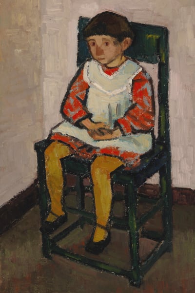 Målning av flicka sittande i en grön stol.