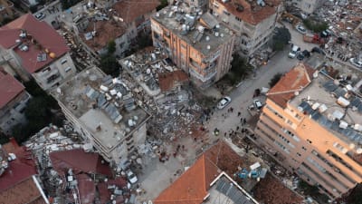 Förstörda byggnader i Hatay, Turkiet.