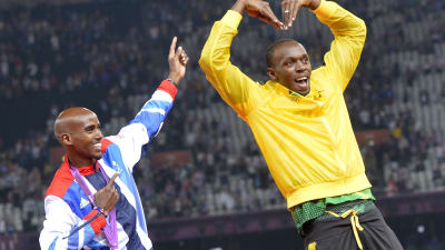 Mo Farah och Usain Bolt poserar.