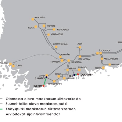 Gasums karta visar naturgasnätet i Finland och planerade terminaler och linjer.