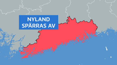 Karta där man ser hur Nyland spärras av från resten av Finland.